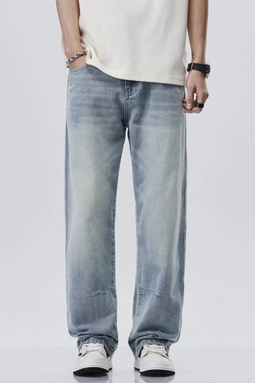 Men's Elastic-Waist Straight Loose Fit Denim Pants - Solid Color Casual Streetwear Jeans with Comfort Stretch